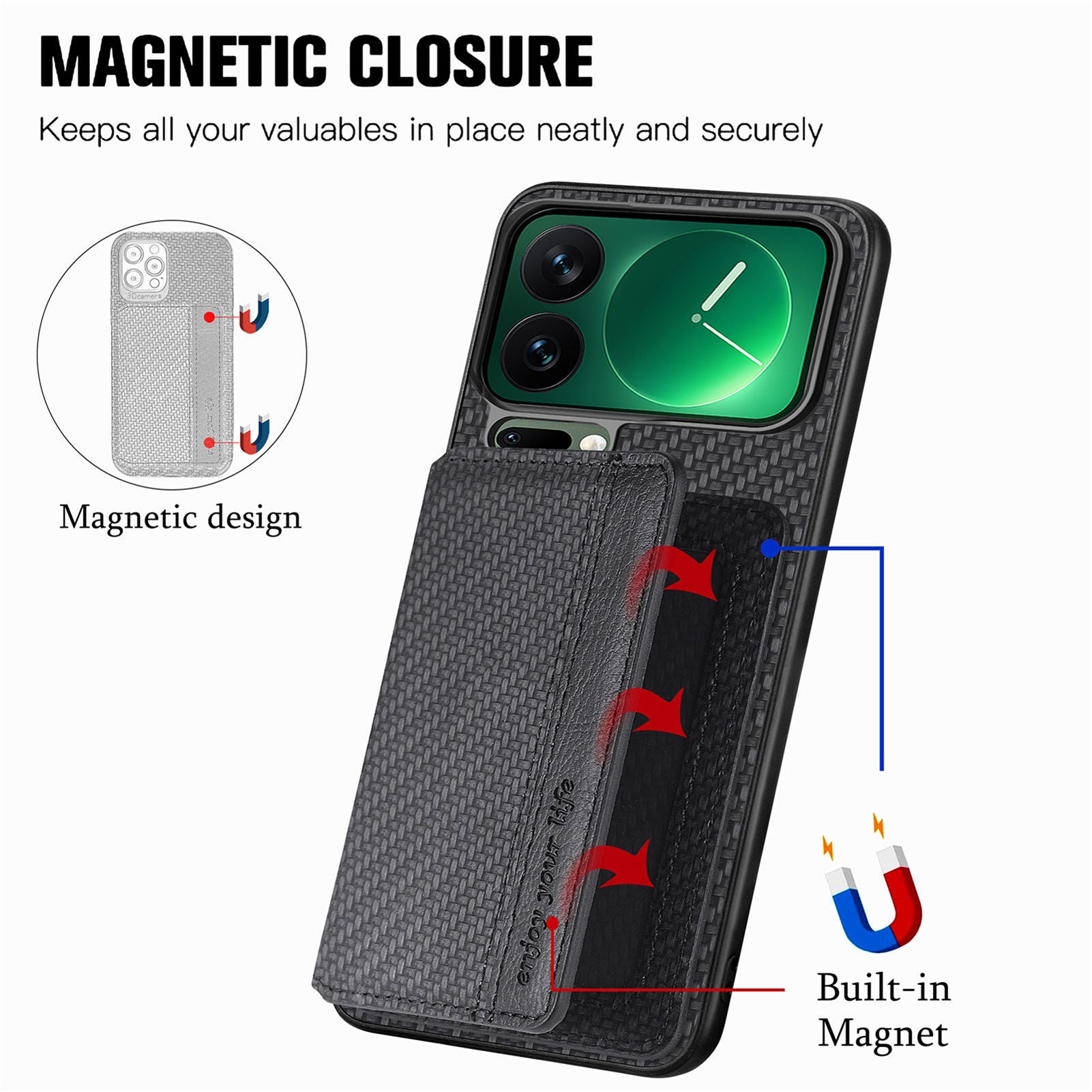 For Xiaomi 17 Pro Max Case RFID Blocking Carbon Fiber Leather Phone Back Cover with Card Holder - Black