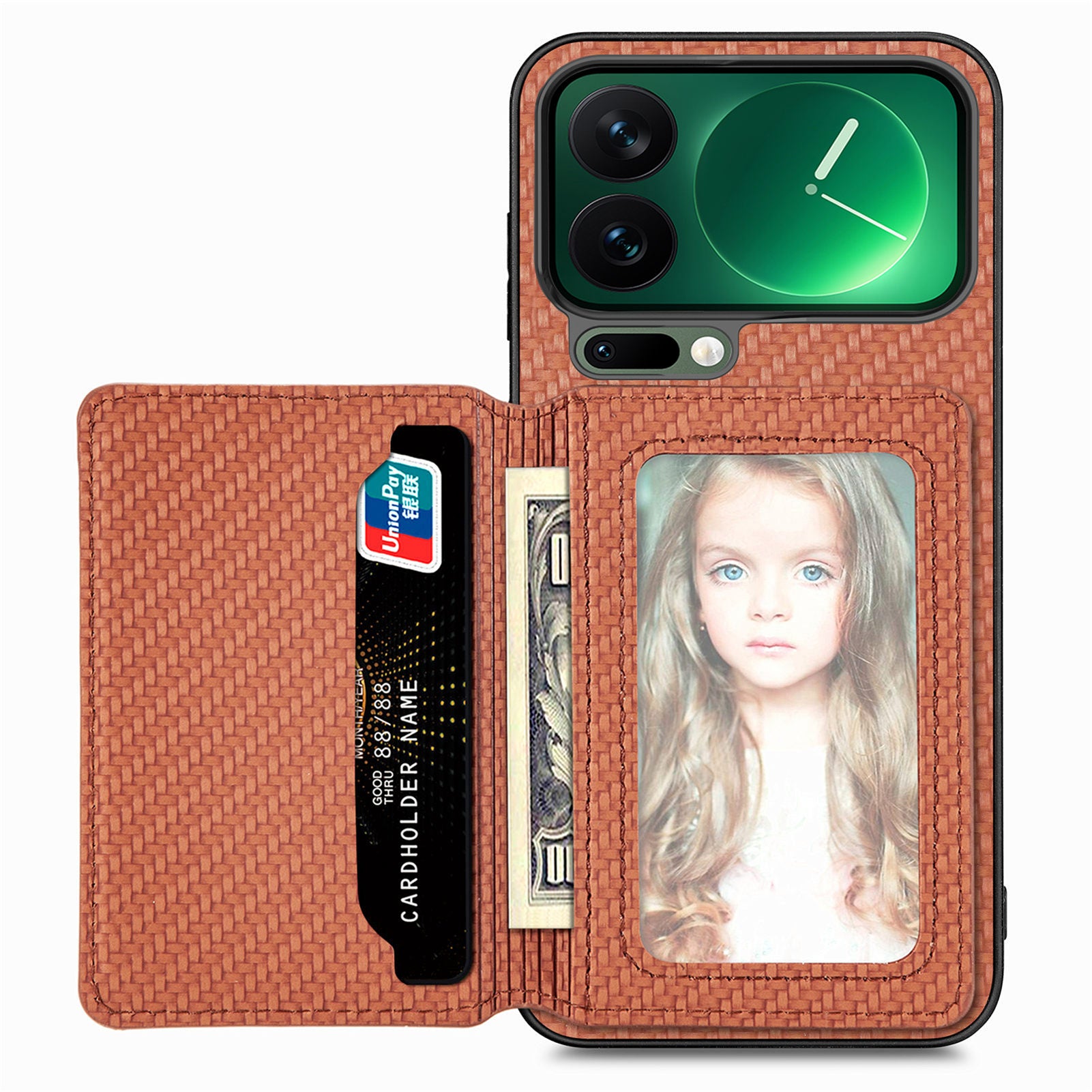 For Xiaomi 17 Pro Max Case RFID Blocking Carbon Fiber Leather Phone Back Cover with Card Holder - Brown