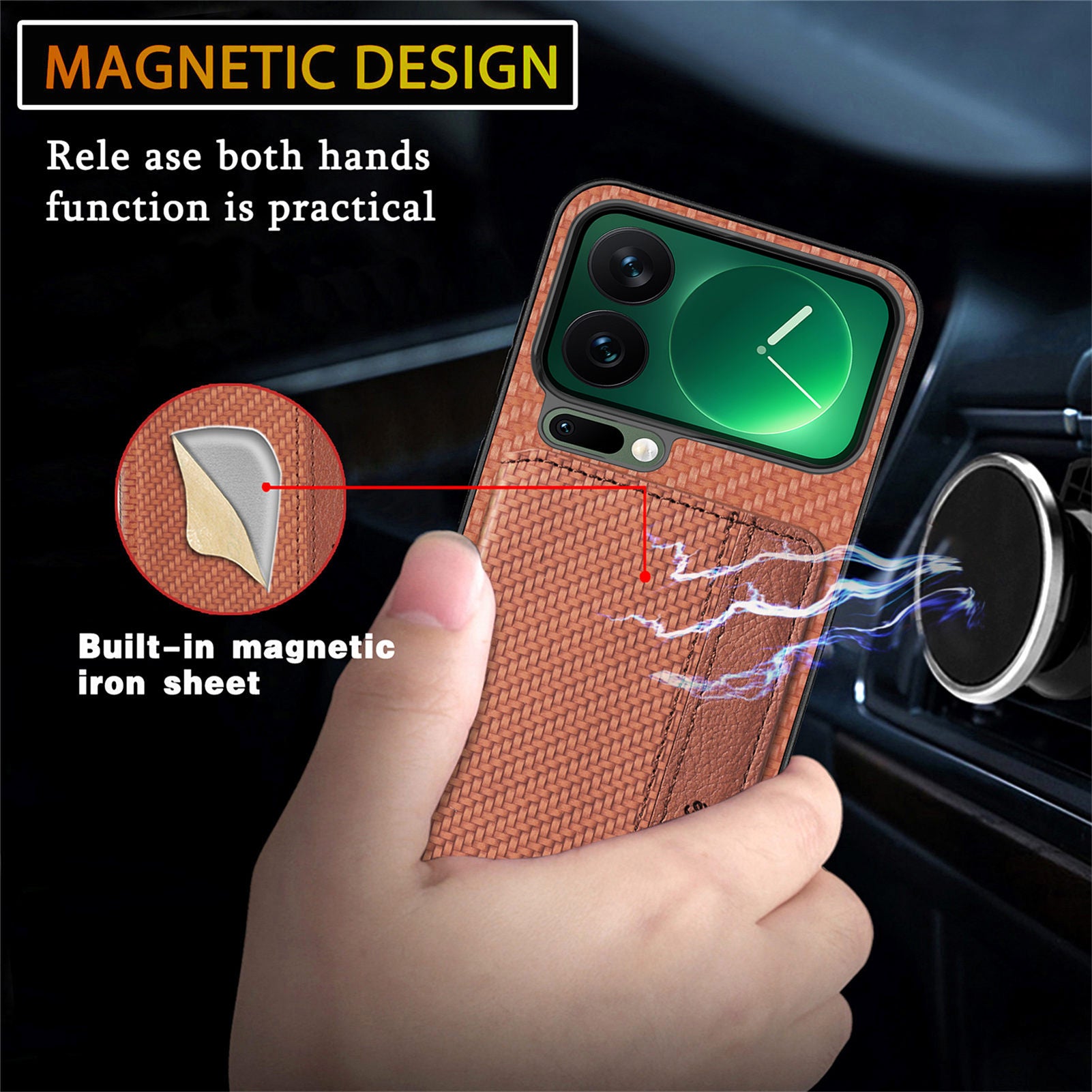 For Xiaomi 17 Pro Max Case RFID Blocking Carbon Fiber Leather Phone Back Cover with Card Holder - Brown