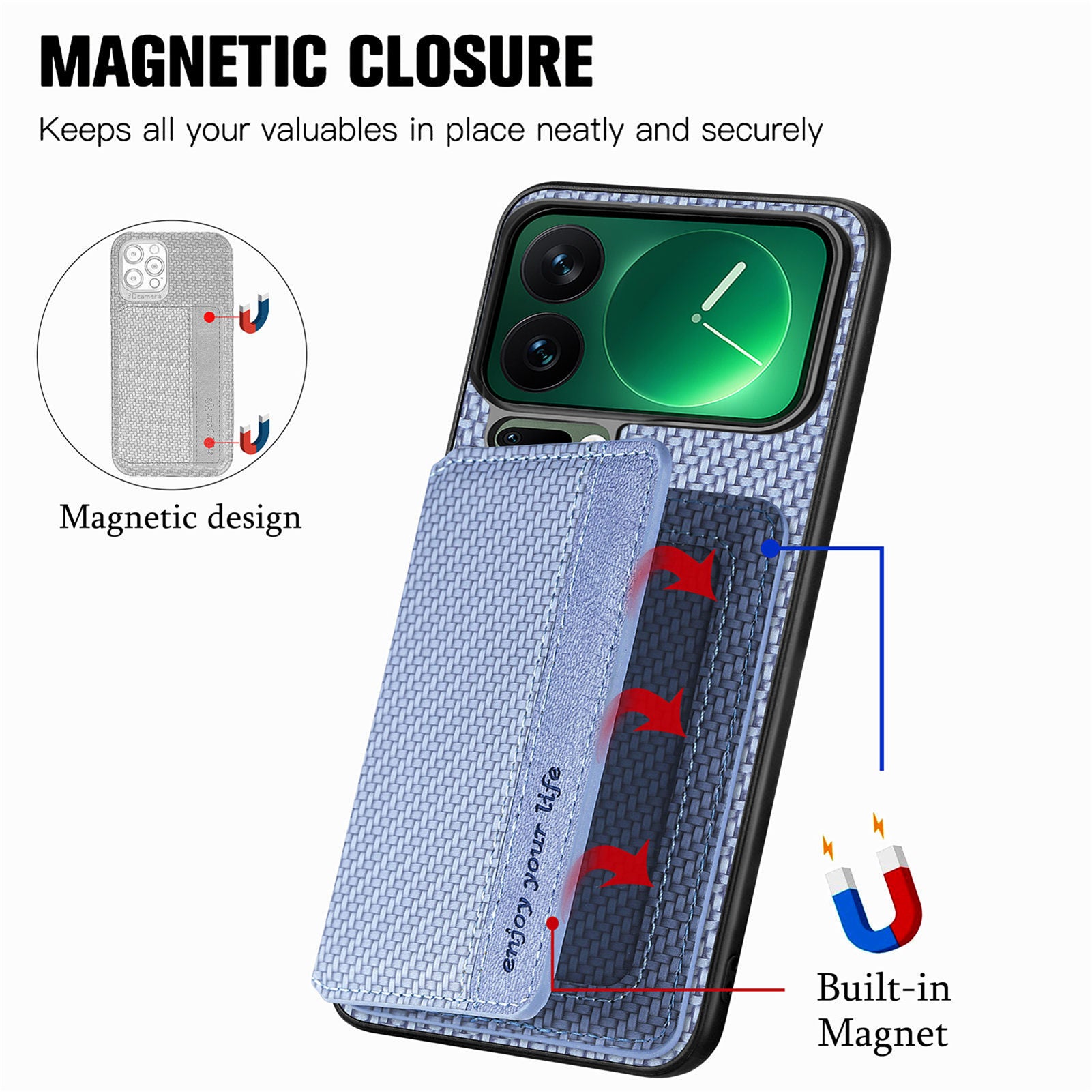 For Xiaomi 17 Pro Max Case RFID Blocking Carbon Fiber Leather Phone Back Cover with Card Holder - Blue