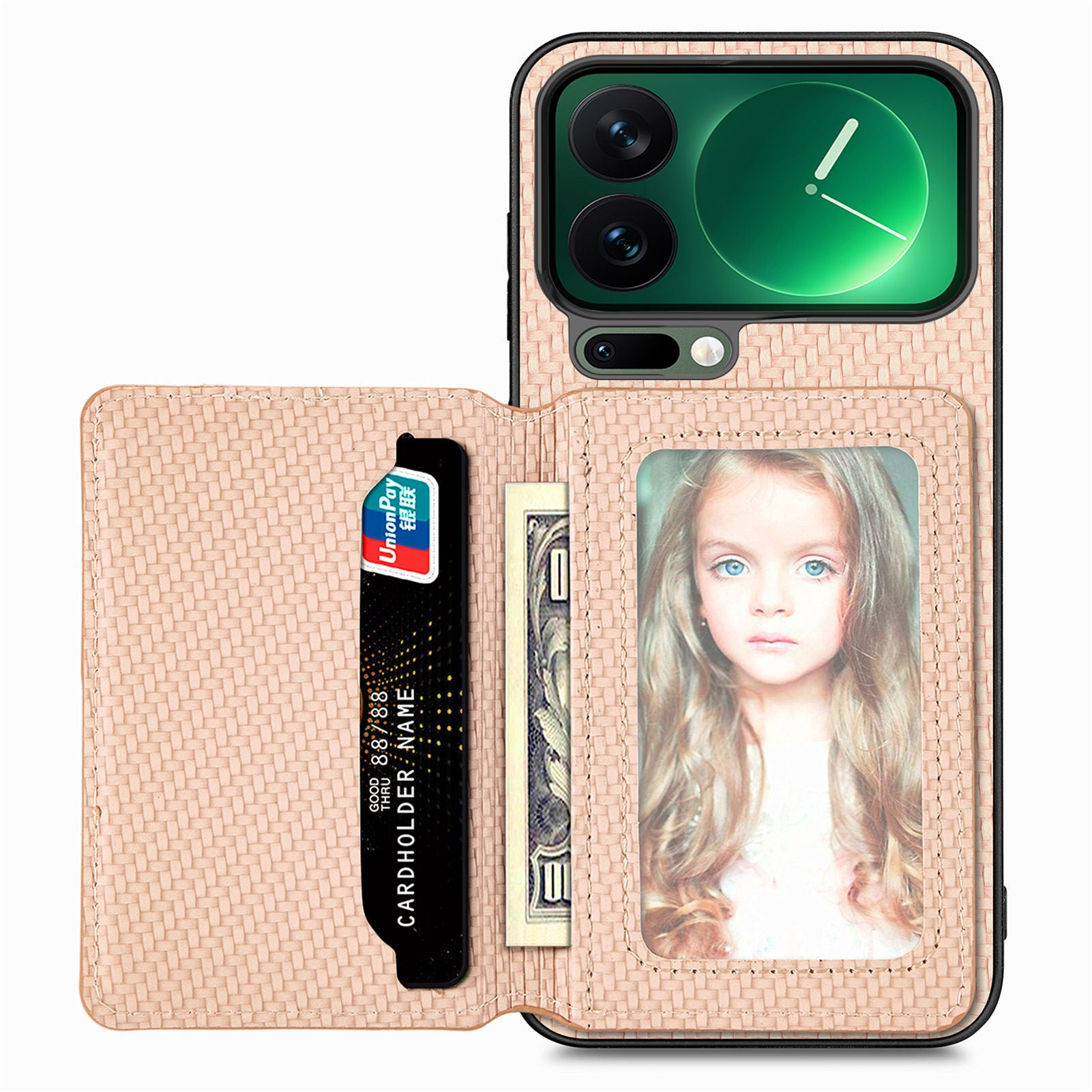 For Xiaomi 17 Pro Max Case RFID Blocking Carbon Fiber Leather Phone Back Cover with Card Holder - Apricot