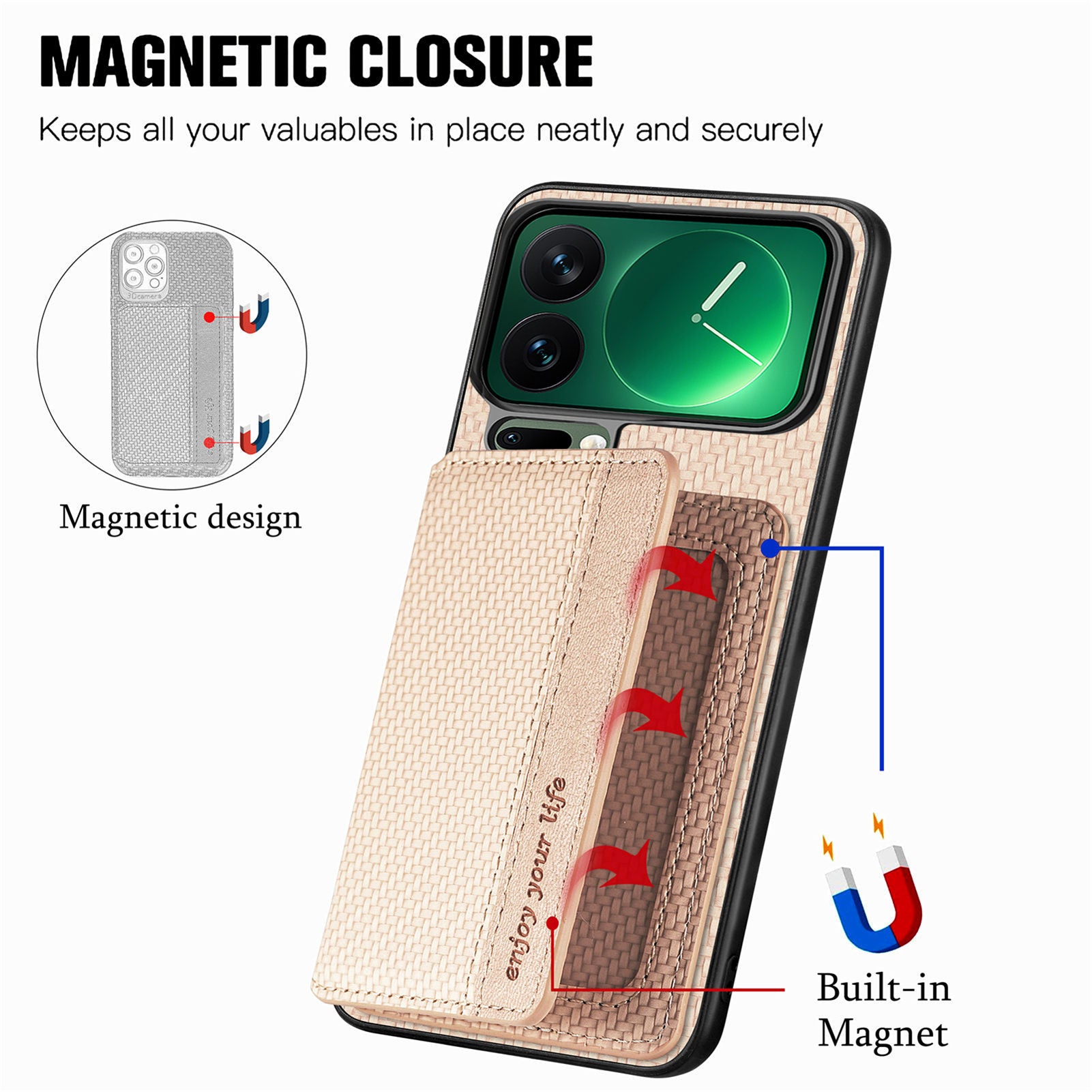 For Xiaomi 17 Pro Max Case RFID Blocking Carbon Fiber Leather Phone Back Cover with Card Holder - Apricot