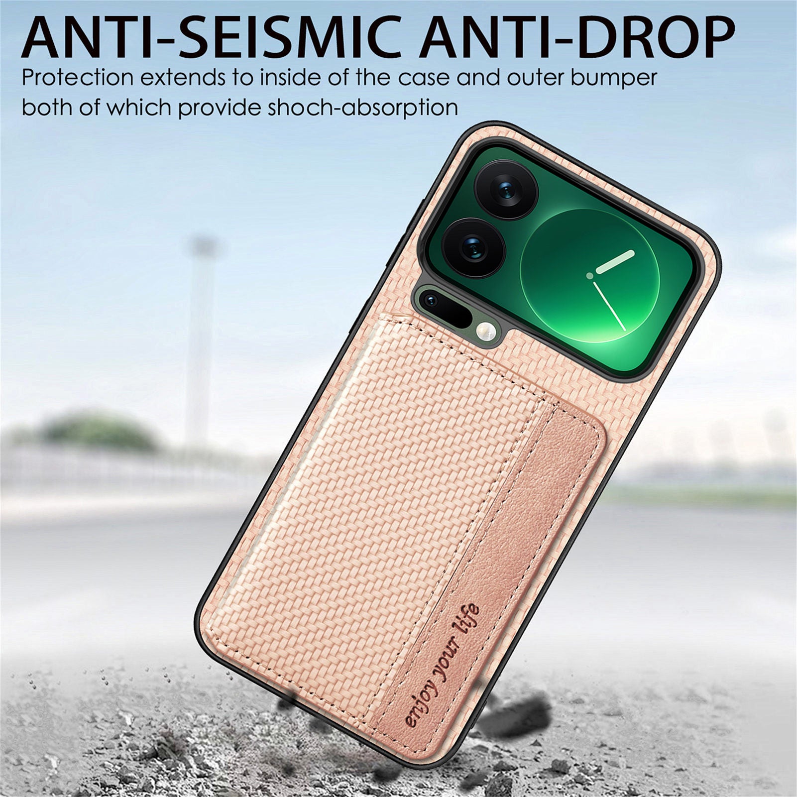 For Xiaomi 17 Pro Max Case RFID Blocking Carbon Fiber Leather Phone Back Cover with Card Holder - Apricot