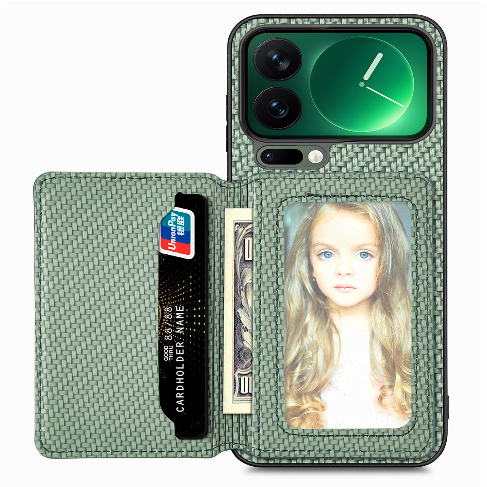 For Xiaomi 17 Pro Max Case RFID Blocking Carbon Fiber Leather Phone Back Cover with Card Holder - Green