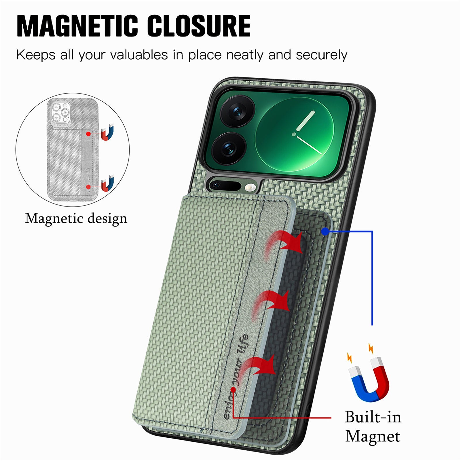 For Xiaomi 17 Pro Max Case RFID Blocking Carbon Fiber Leather Phone Back Cover with Card Holder - Green