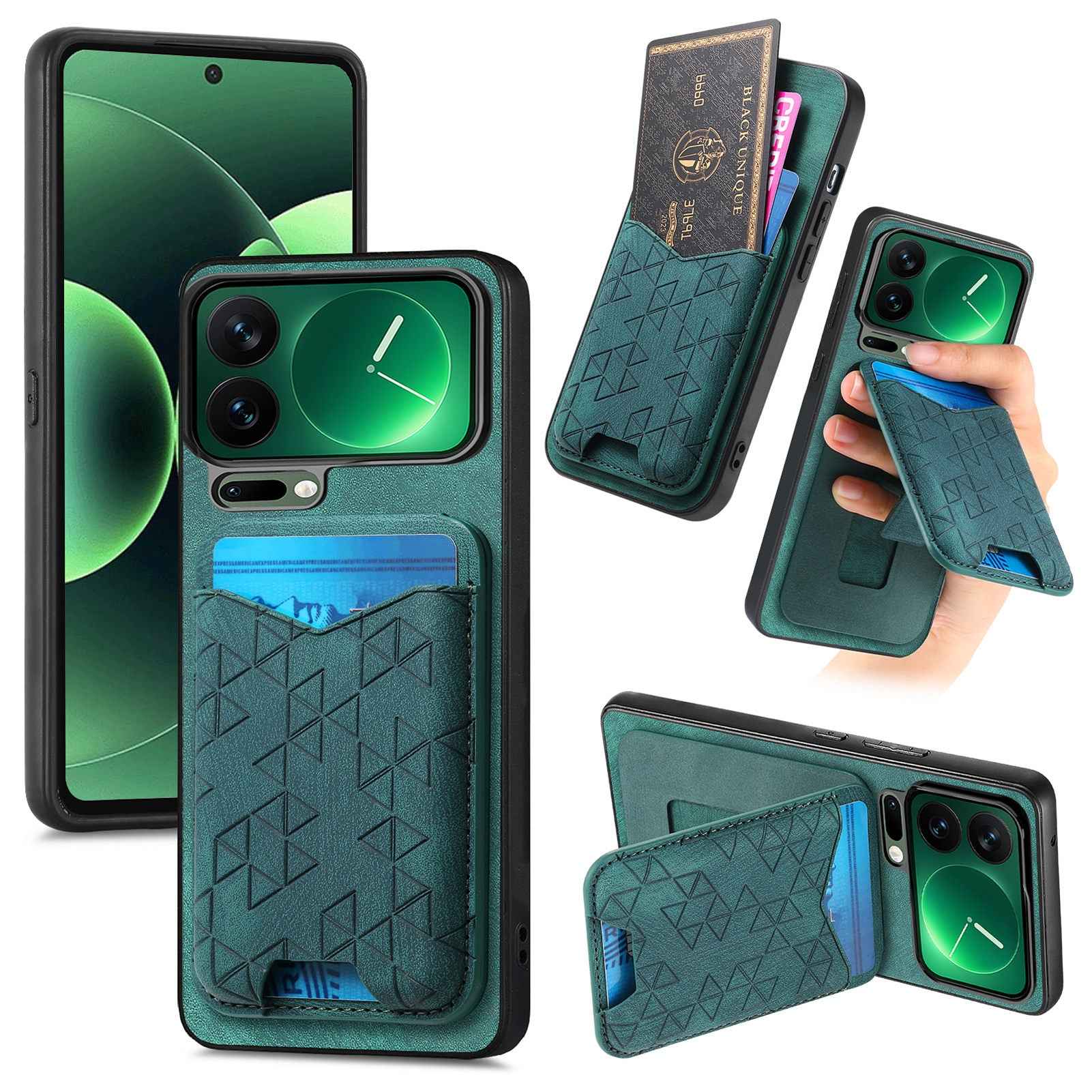 For Xiaomi 17 Pro Case Imprinted Pattern Card Holder Kickstand Leather Back Cover - Green