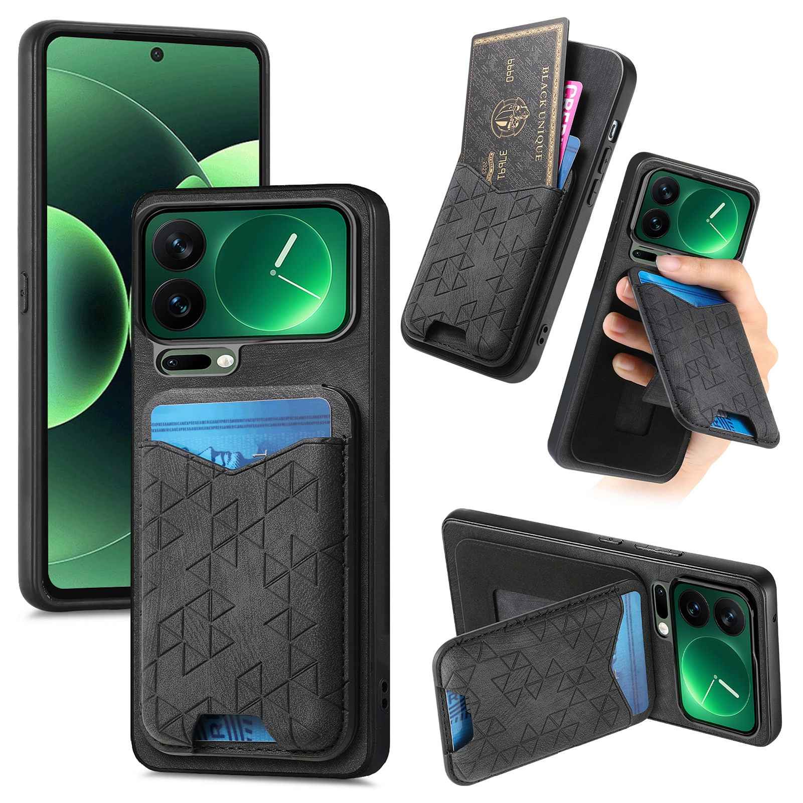 For Xiaomi 17 Pro Case Imprinted Pattern Card Holder Kickstand Leather Back Cover - Black