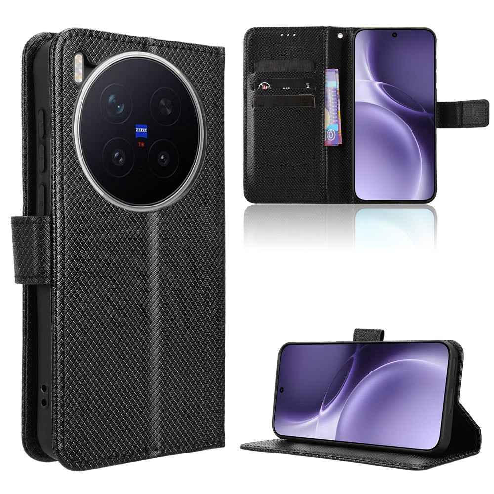 For vivo X300 Pro 5G Leather Wallet Case with Strap Diamond Texture Phone Cover - Black