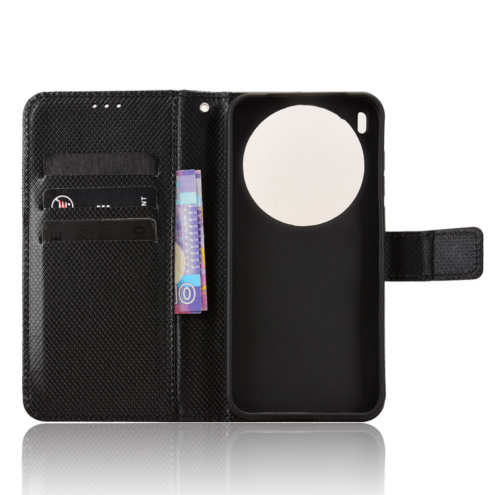 For vivo X300 Pro 5G Leather Wallet Case with Strap Diamond Texture Phone Cover - Black