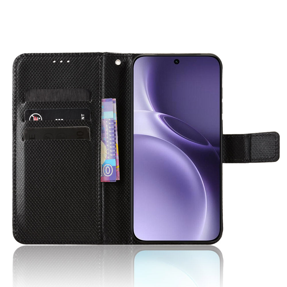 For vivo X300 Pro 5G Leather Wallet Case with Strap Diamond Texture Phone Cover - Black