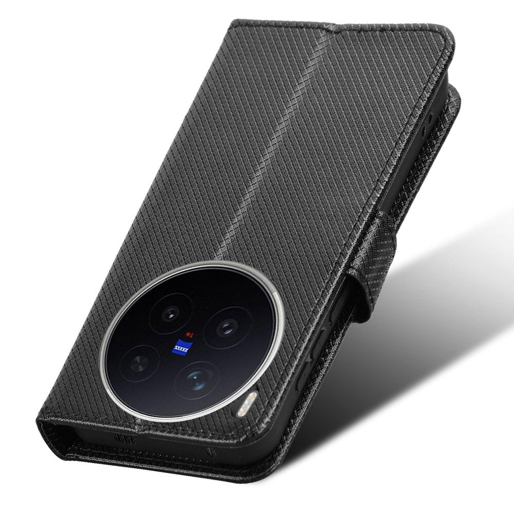 For vivo X300 Pro 5G Leather Wallet Case with Strap Diamond Texture Phone Cover - Black