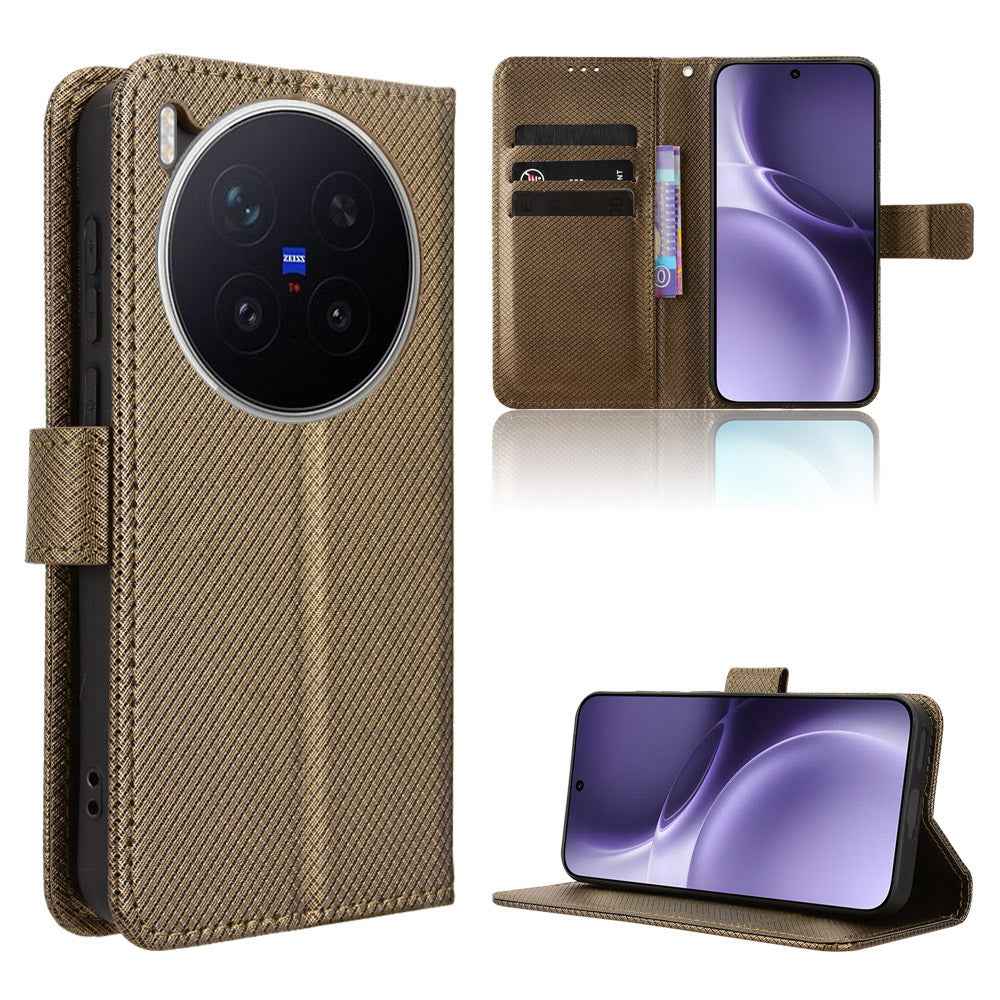 For vivo X300 Pro 5G Leather Wallet Case with Strap Diamond Texture Phone Cover - Brown