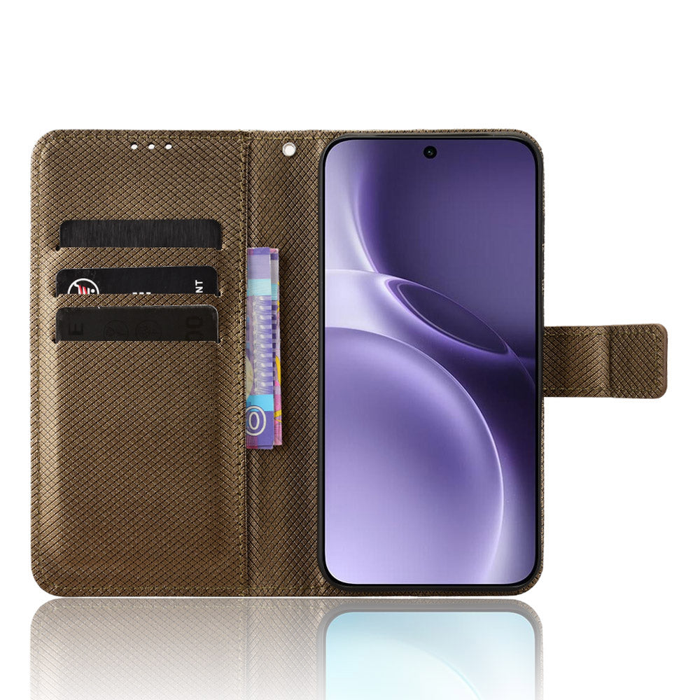 For vivo X300 Pro 5G Leather Wallet Case with Strap Diamond Texture Phone Cover - Brown
