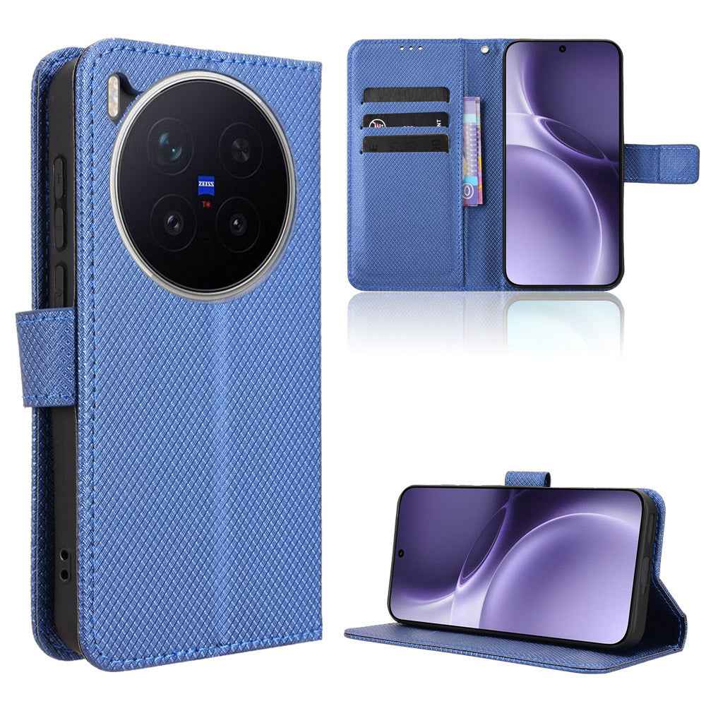 For vivo X300 Pro 5G Leather Wallet Case with Strap Diamond Texture Phone Cover - Blue