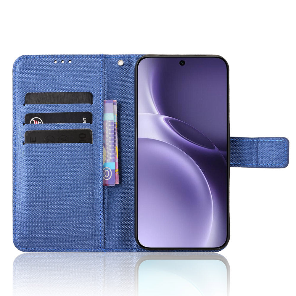 For vivo X300 Pro 5G Leather Wallet Case with Strap Diamond Texture Phone Cover - Blue