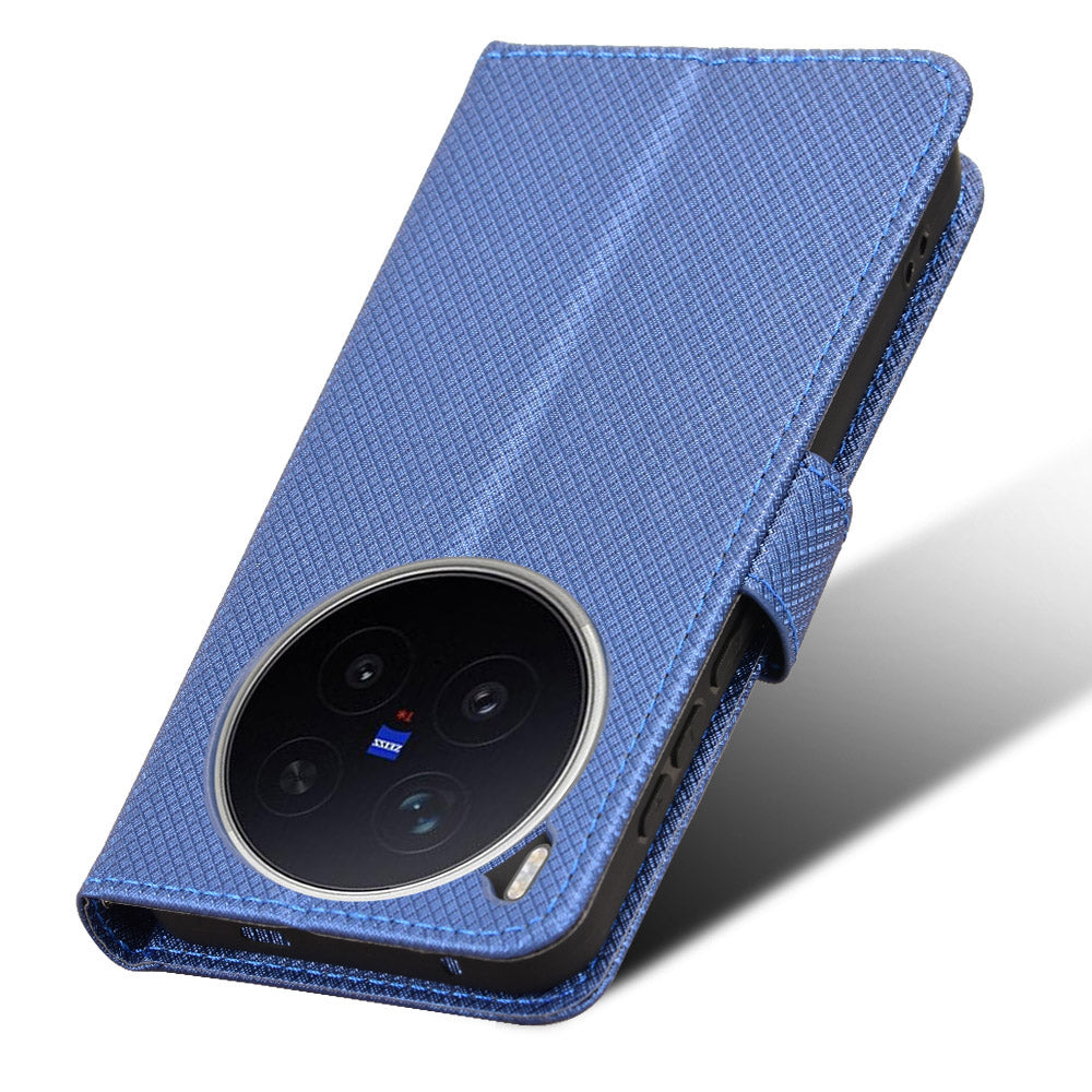 For vivo X300 Pro 5G Leather Wallet Case with Strap Diamond Texture Phone Cover - Blue