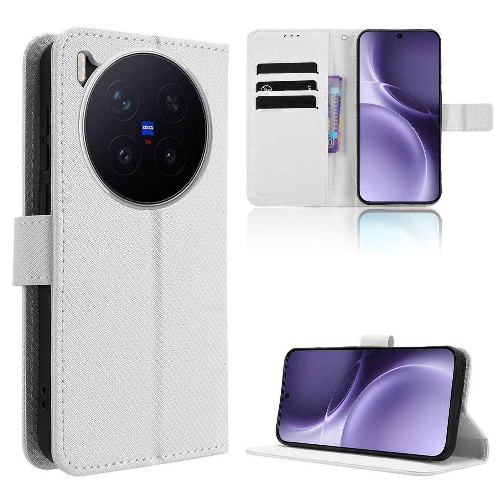 For vivo X300 Pro 5G Leather Wallet Case with Strap Diamond Texture Phone Cover - White