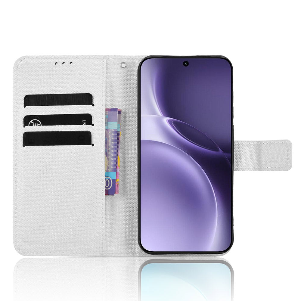 For vivo X300 Pro 5G Leather Wallet Case with Strap Diamond Texture Phone Cover - White