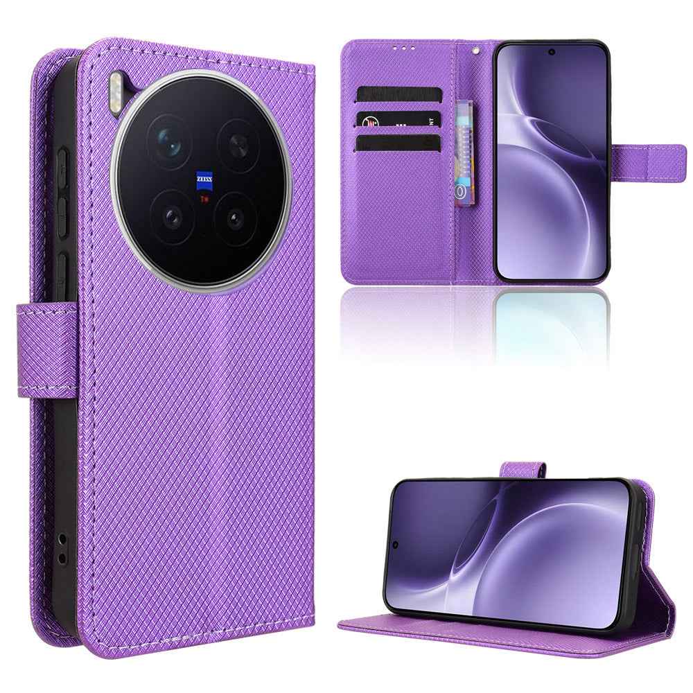 For vivo X300 Pro 5G Leather Wallet Case with Strap Diamond Texture Phone Cover - Purple