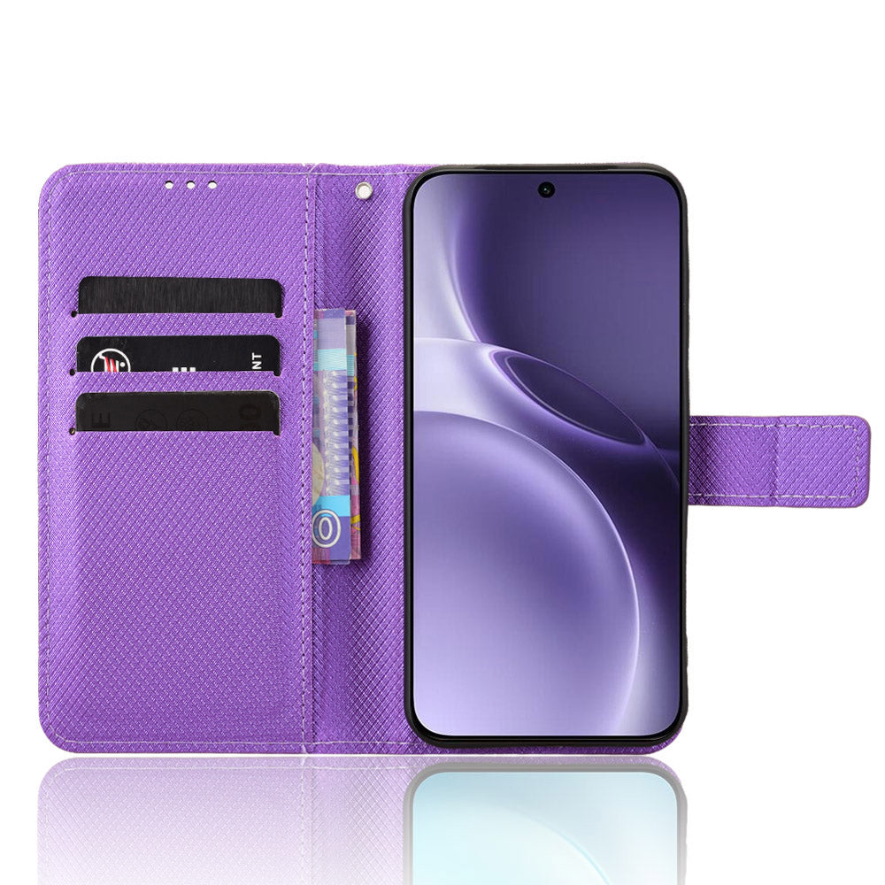 For vivo X300 Pro 5G Leather Wallet Case with Strap Diamond Texture Phone Cover - Purple