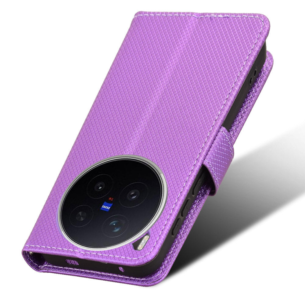 For vivo X300 Pro 5G Leather Wallet Case with Strap Diamond Texture Phone Cover - Purple