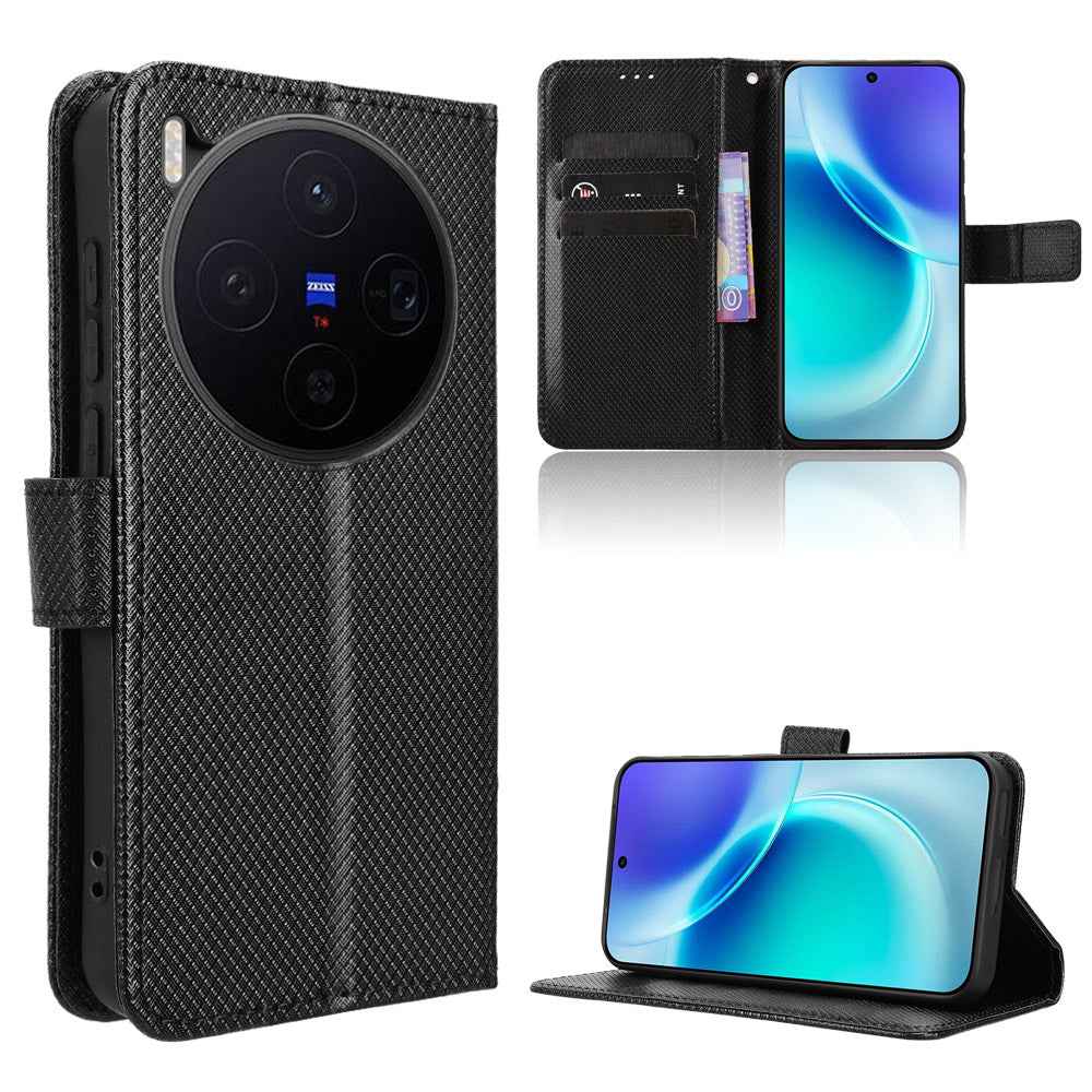 For vivo X300 5G Leather Wallet Case with Strap Diamond Texture Phone Cover - Black
