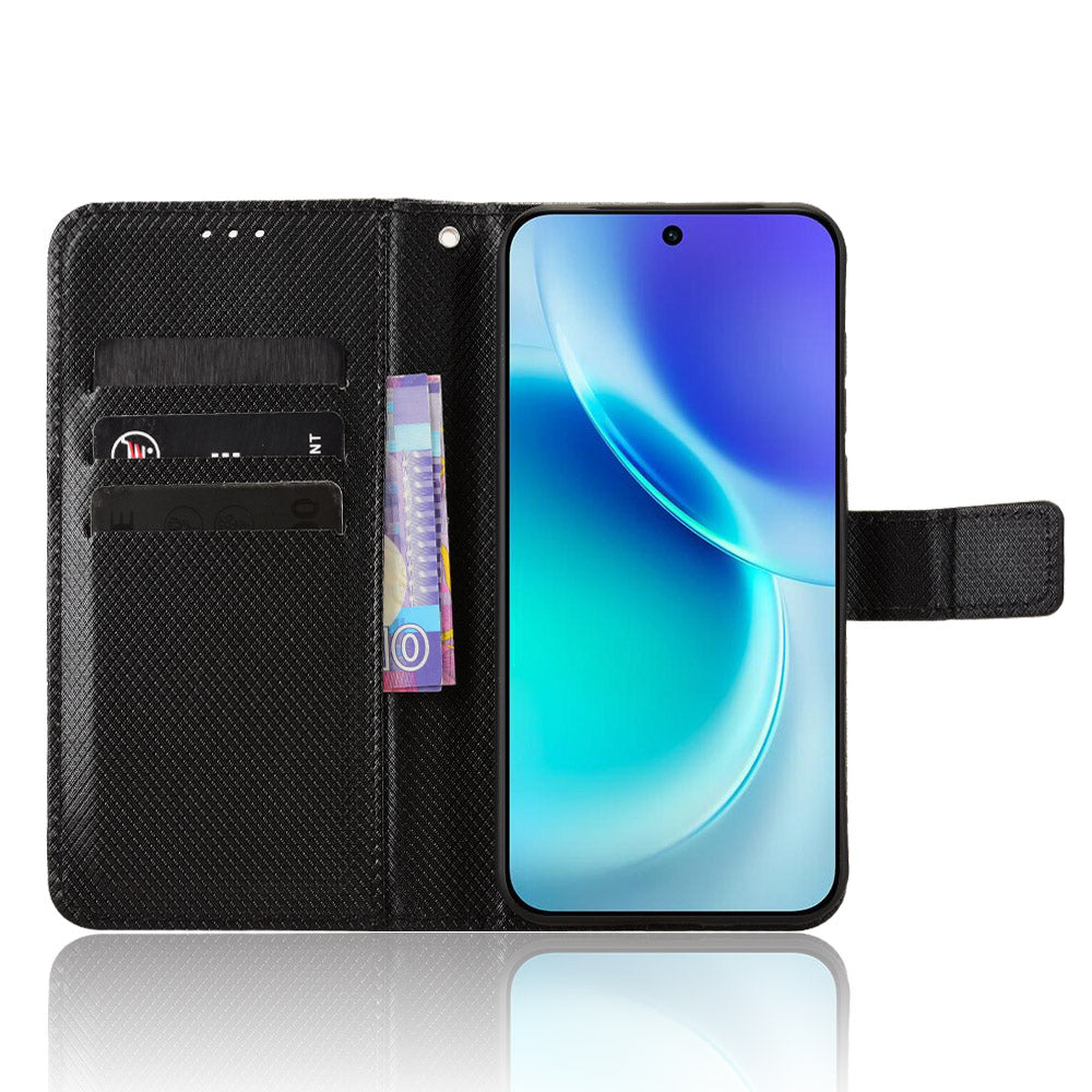 For vivo X300 5G Leather Wallet Case with Strap Diamond Texture Phone Cover - Black