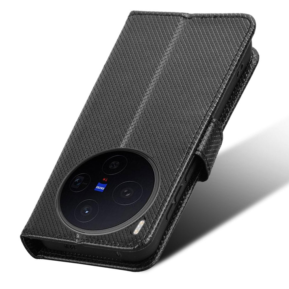 For vivo X300 5G Leather Wallet Case with Strap Diamond Texture Phone Cover - Black