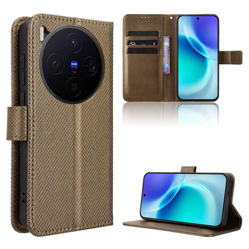 For vivo X300 5G Leather Wallet Case with Strap Diamond Texture Phone Cover - Brown