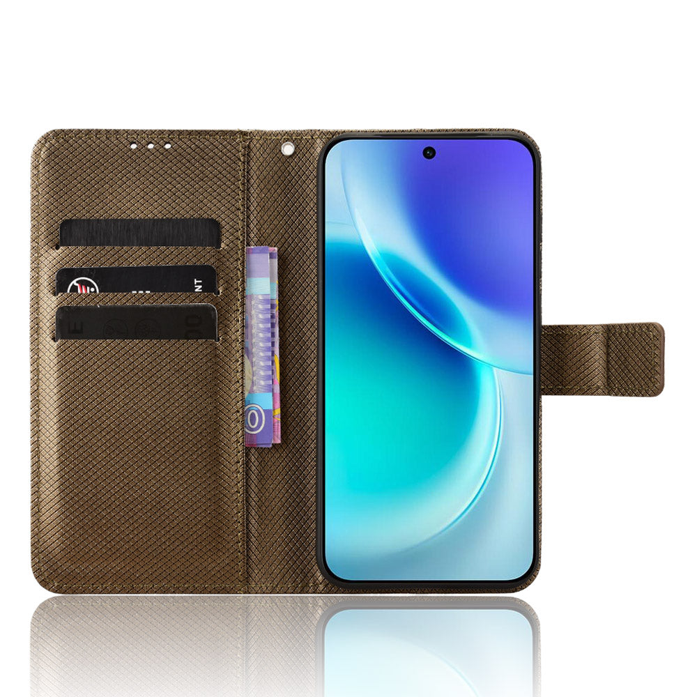 For vivo X300 5G Leather Wallet Case with Strap Diamond Texture Phone Cover - Brown