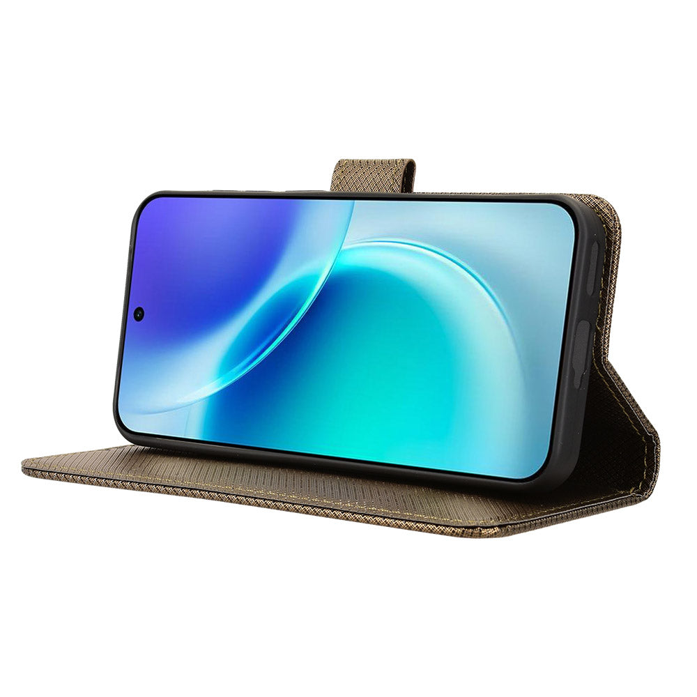 For vivo X300 5G Leather Wallet Case with Strap Diamond Texture Phone Cover - Brown