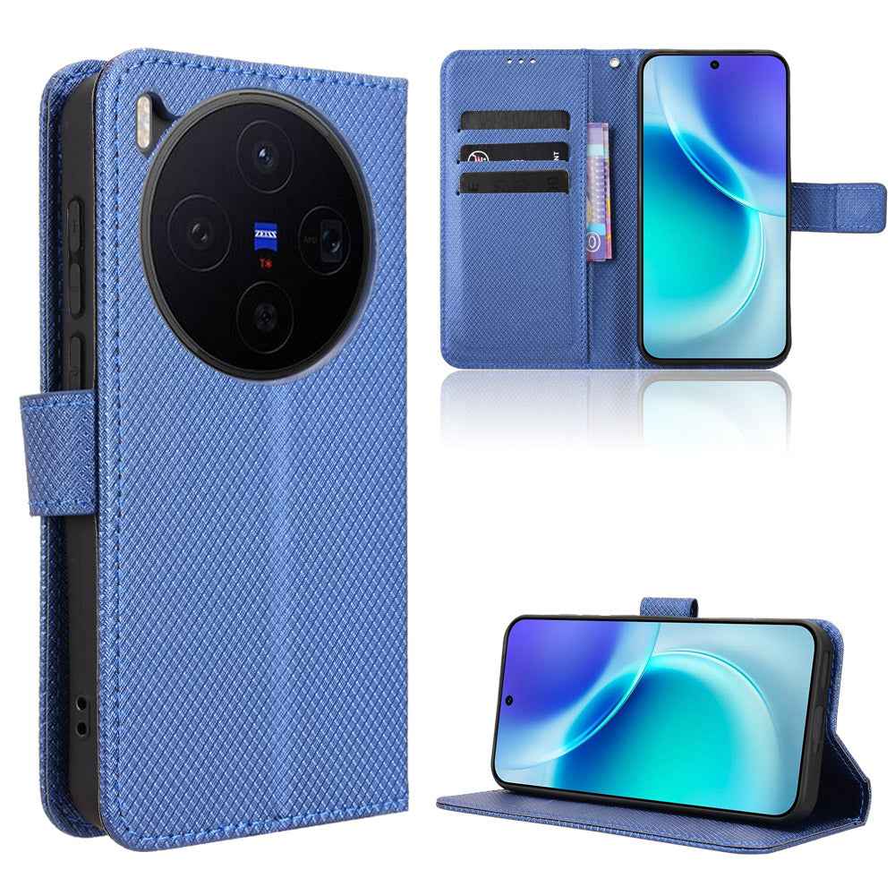 For vivo X300 5G Leather Wallet Case with Strap Diamond Texture Phone Cover - Blue