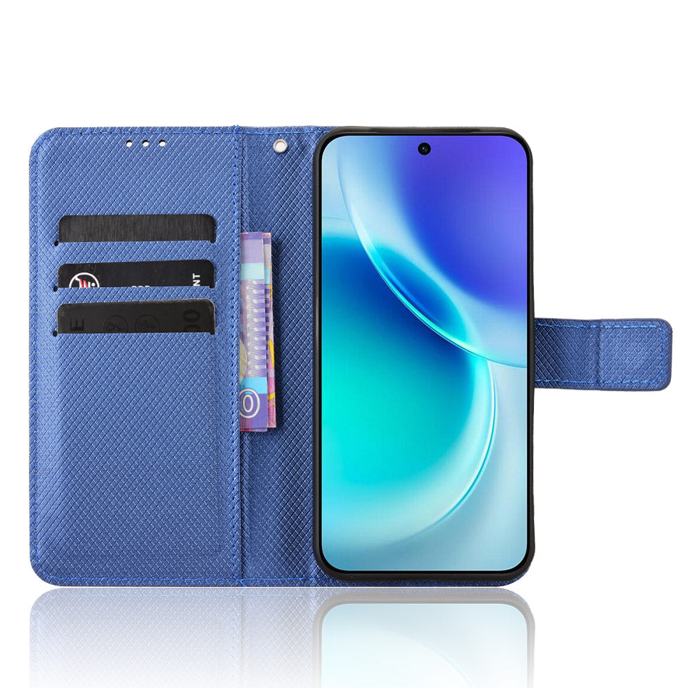 For vivo X300 5G Leather Wallet Case with Strap Diamond Texture Phone Cover - Blue