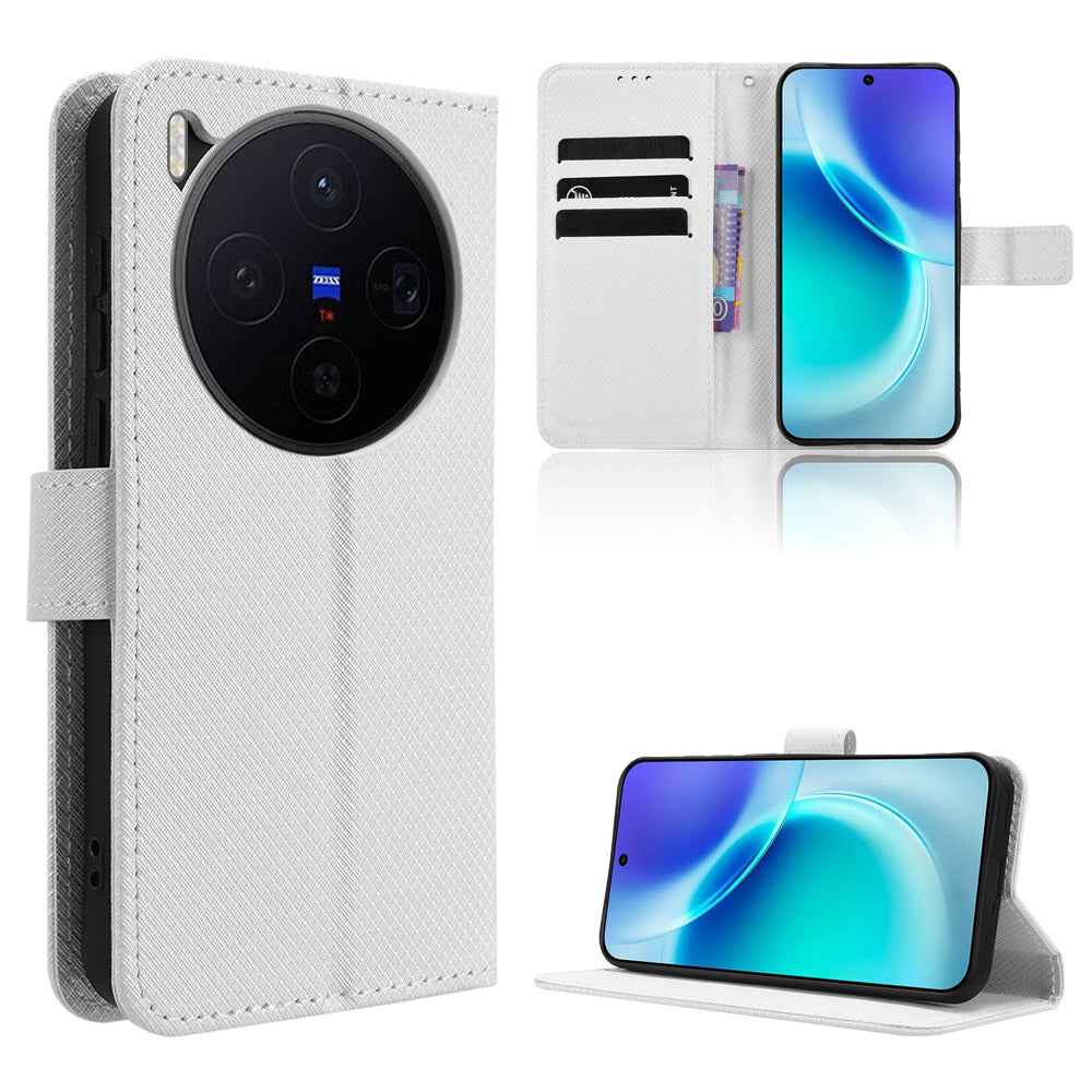 For vivo X300 5G Leather Wallet Case with Strap Diamond Texture Phone Cover - White