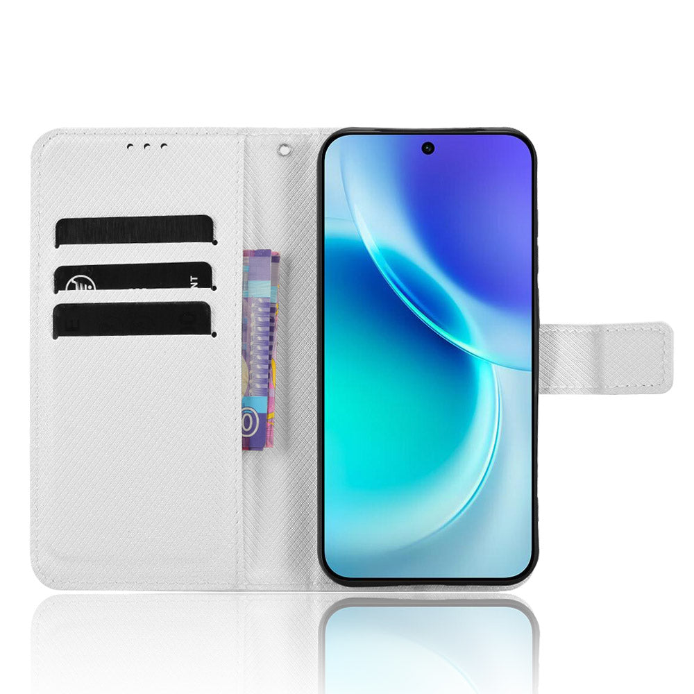 For vivo X300 5G Leather Wallet Case with Strap Diamond Texture Phone Cover - White