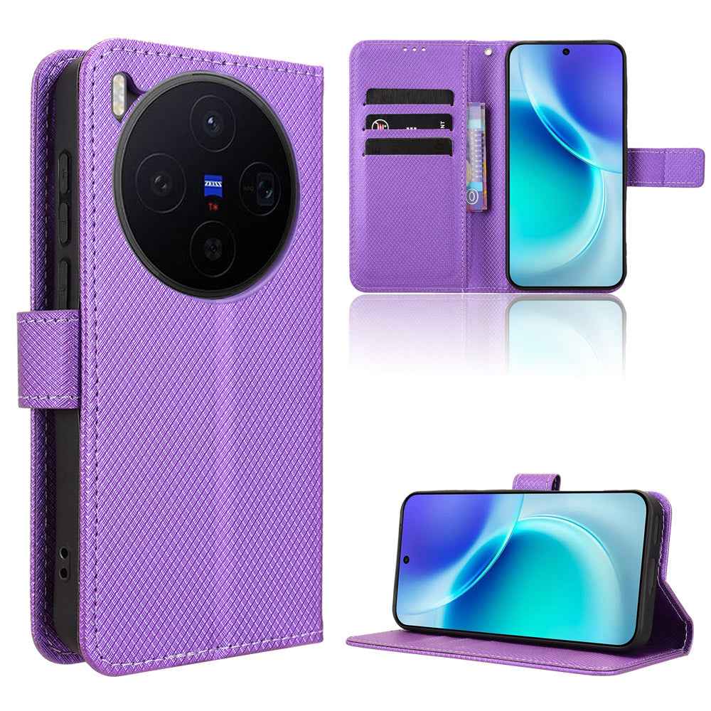 For vivo X300 5G Leather Wallet Case with Strap Diamond Texture Phone Cover - Purple