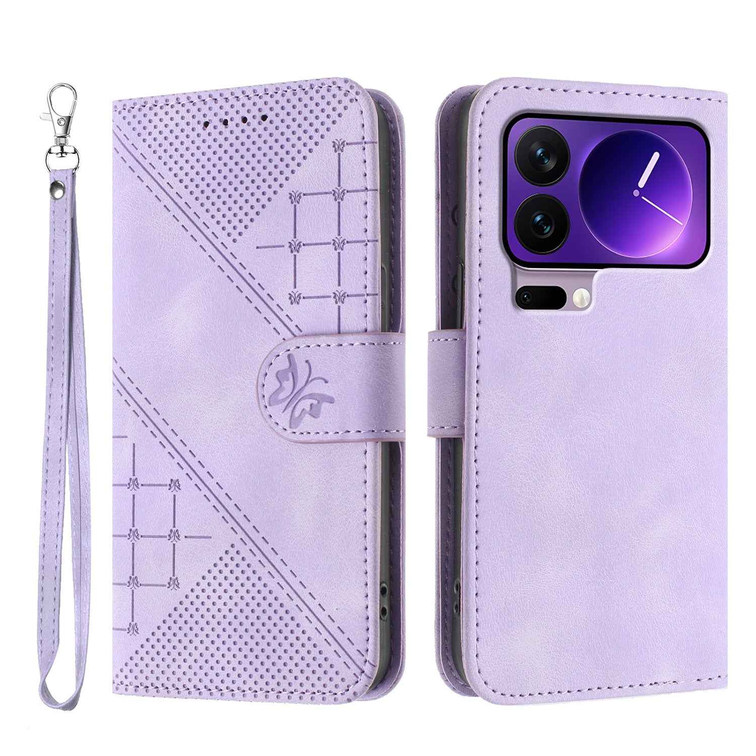 For Xiaomi 17 Pro Leather Wallet Case Butterfly Flower Imprinted Phone Cover with Strap - Purple