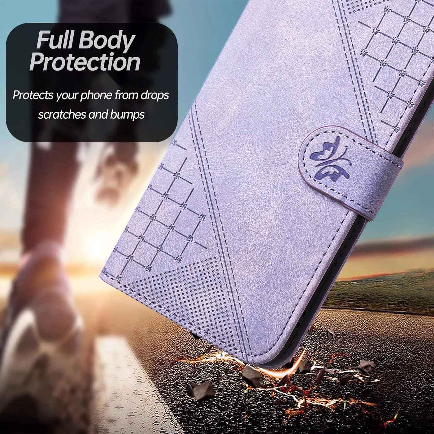 For Xiaomi 17 Pro Leather Wallet Case Butterfly Flower Imprinted Phone Cover with Strap - Purple