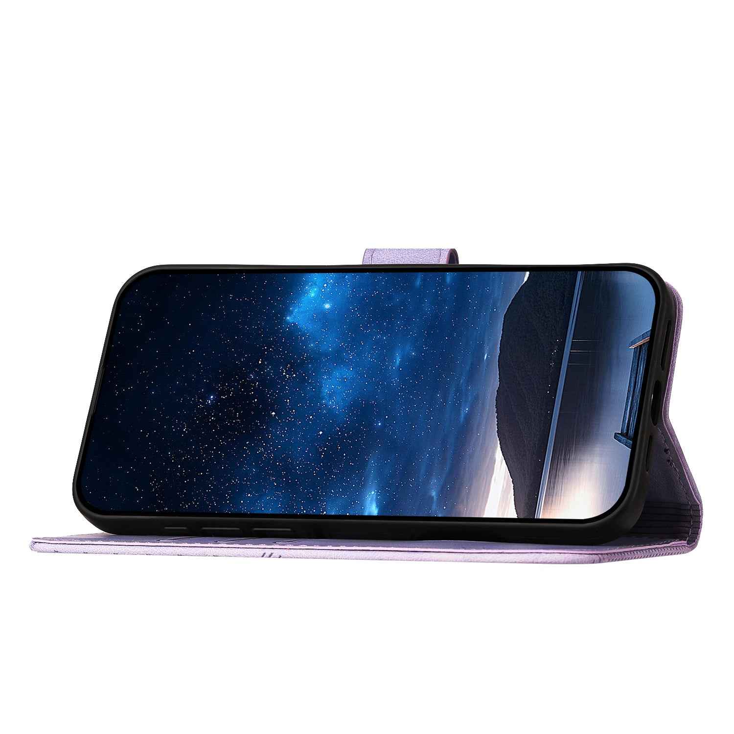 For Xiaomi 17 Pro Leather Wallet Case Butterfly Flower Imprinted Phone Cover with Strap - Purple