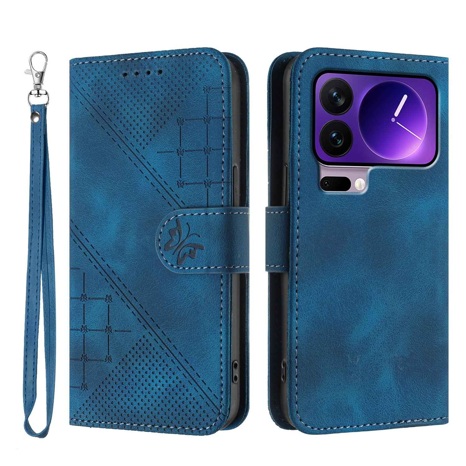 For Xiaomi 17 Pro Leather Wallet Case Butterfly Flower Imprinted Phone Cover with Strap - Royal Blue
