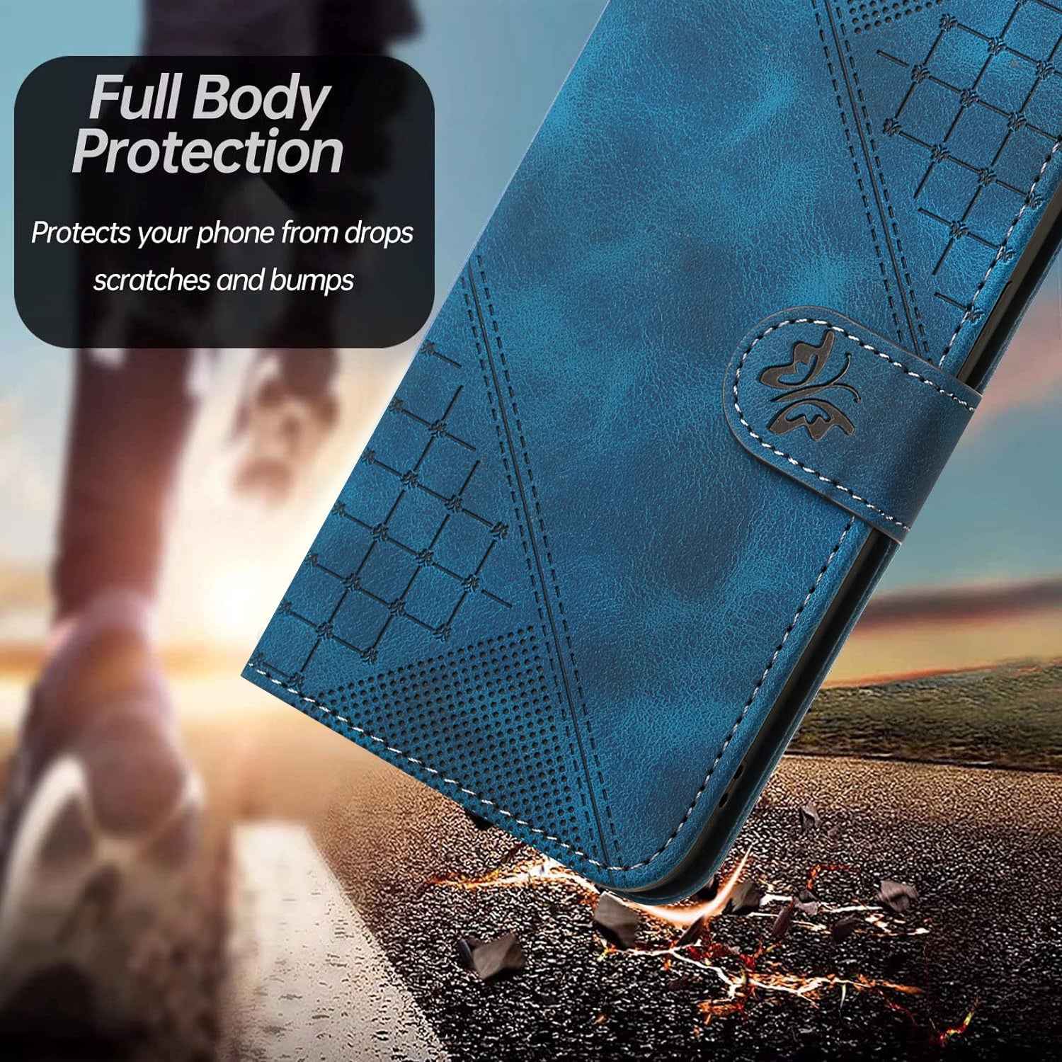 For Xiaomi 17 Pro Leather Wallet Case Butterfly Flower Imprinted Phone Cover with Strap - Royal Blue