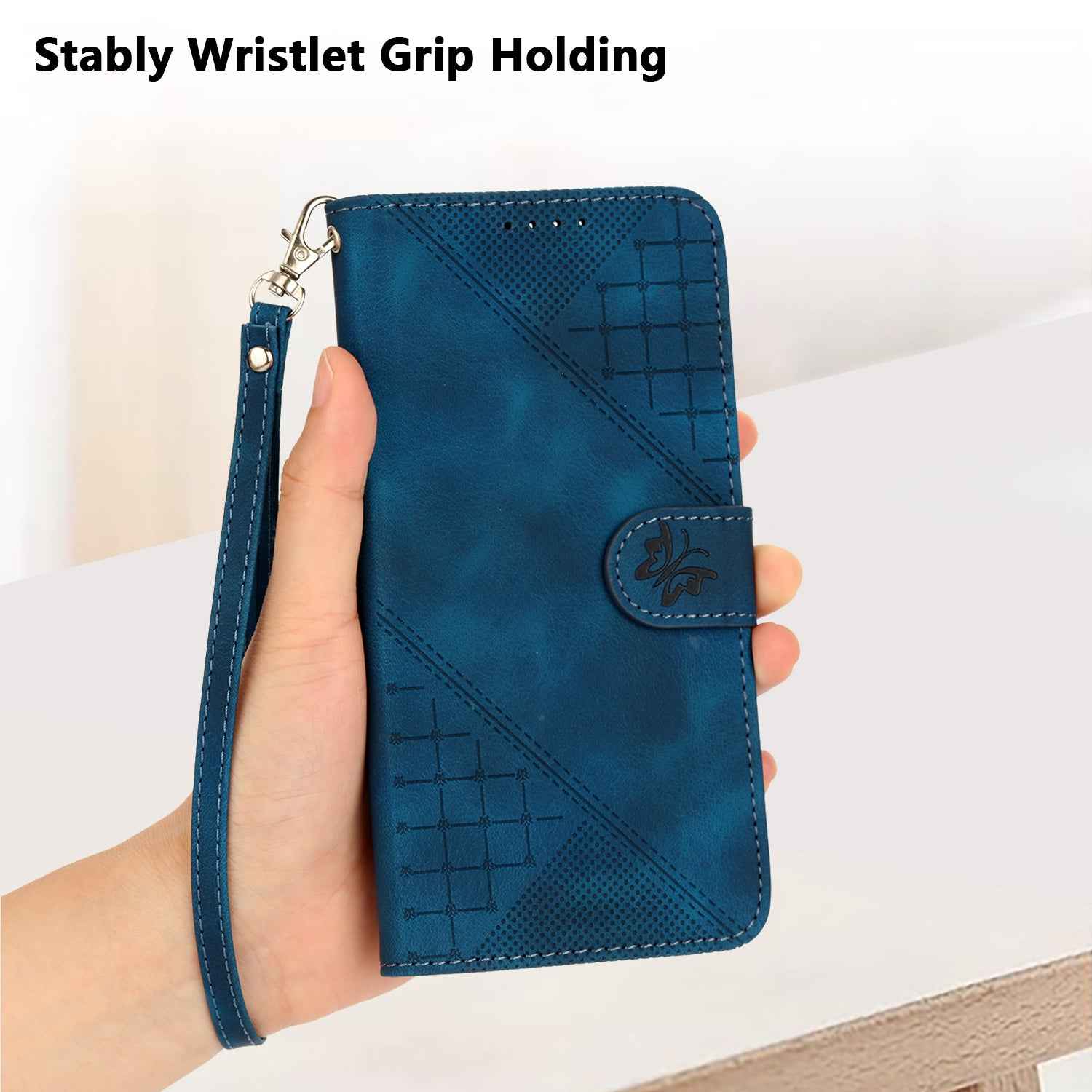 For Xiaomi 17 Pro Leather Wallet Case Butterfly Flower Imprinted Phone Cover with Strap - Royal Blue