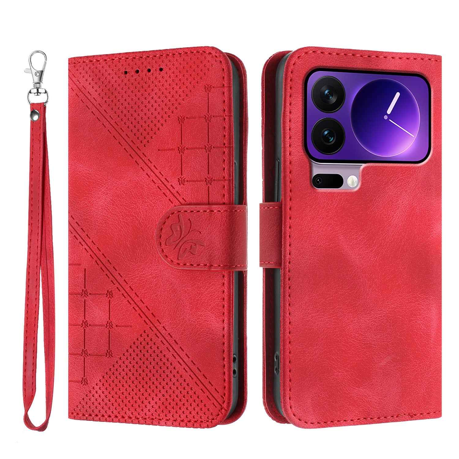 For Xiaomi 17 Pro Leather Wallet Case Butterfly Flower Imprinted Phone Cover with Strap - Red