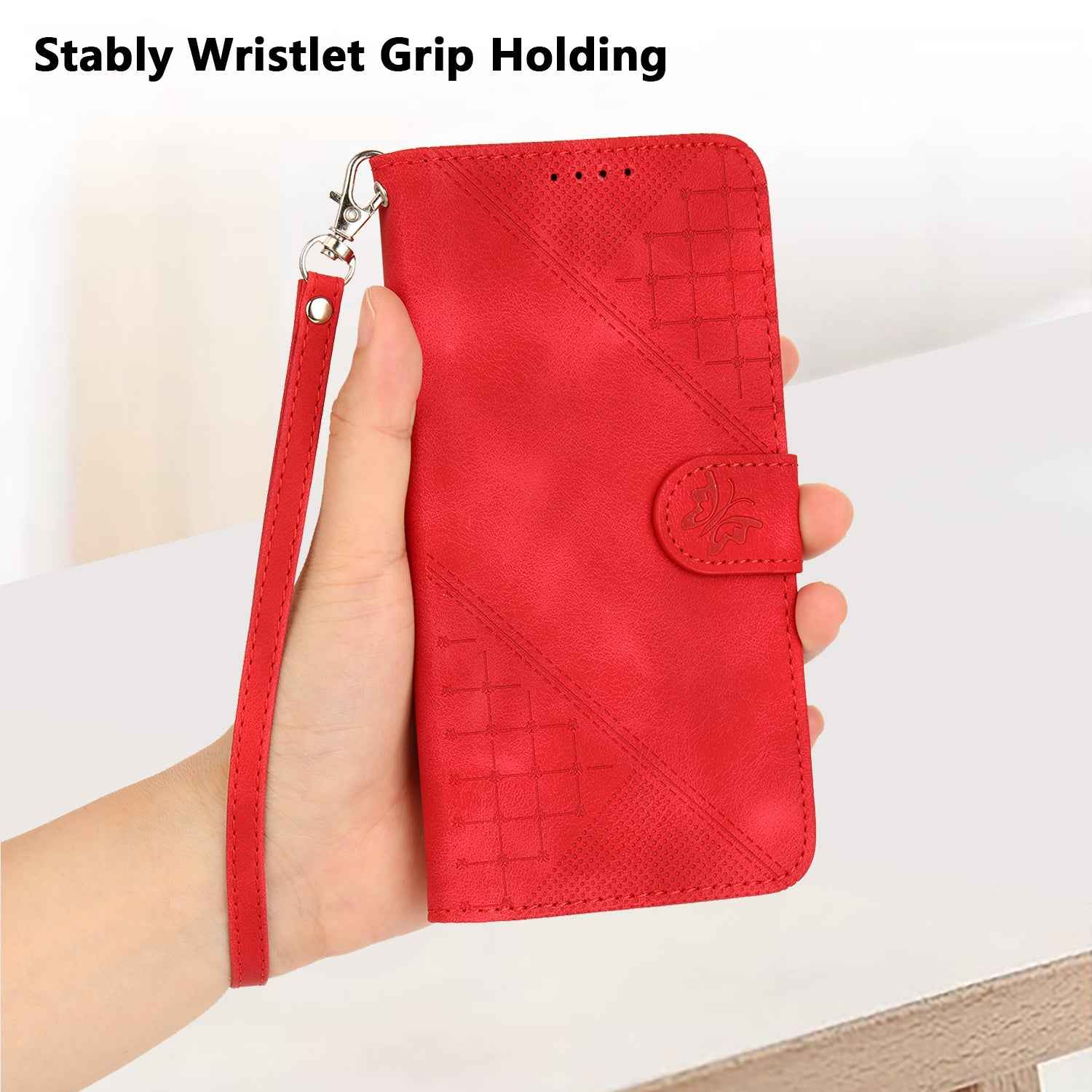For Xiaomi 17 Pro Leather Wallet Case Butterfly Flower Imprinted Phone Cover with Strap - Red