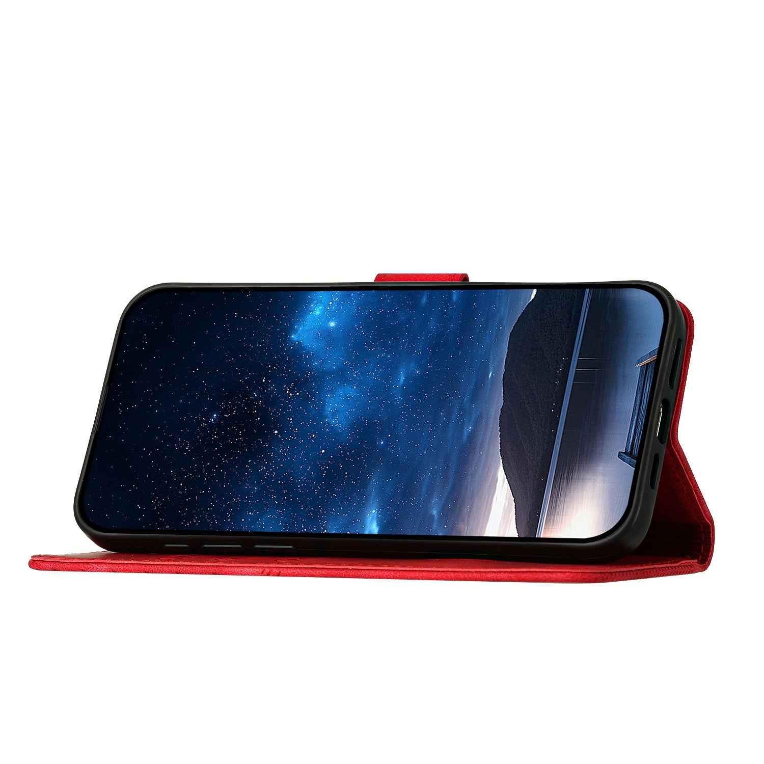 For Xiaomi 17 Pro Leather Wallet Case Butterfly Flower Imprinted Phone Cover with Strap - Red