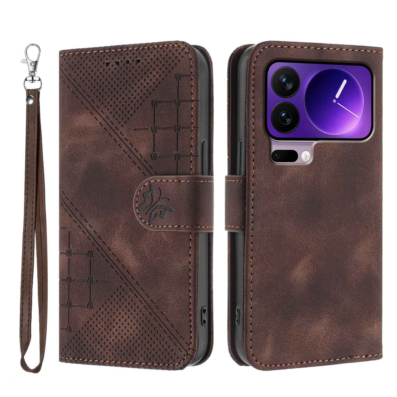 For Xiaomi 17 Pro Leather Wallet Case Butterfly Flower Imprinted Phone Cover with Strap - Coffee