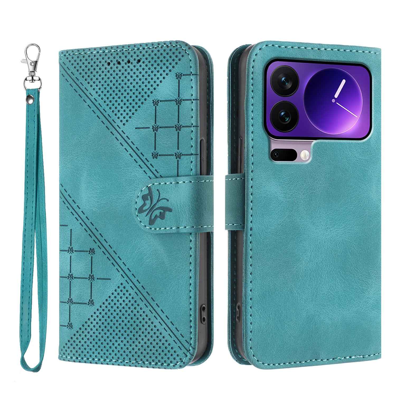 For Xiaomi 17 Pro Leather Wallet Case Butterfly Flower Imprinted Phone Cover with Strap - Light Blue