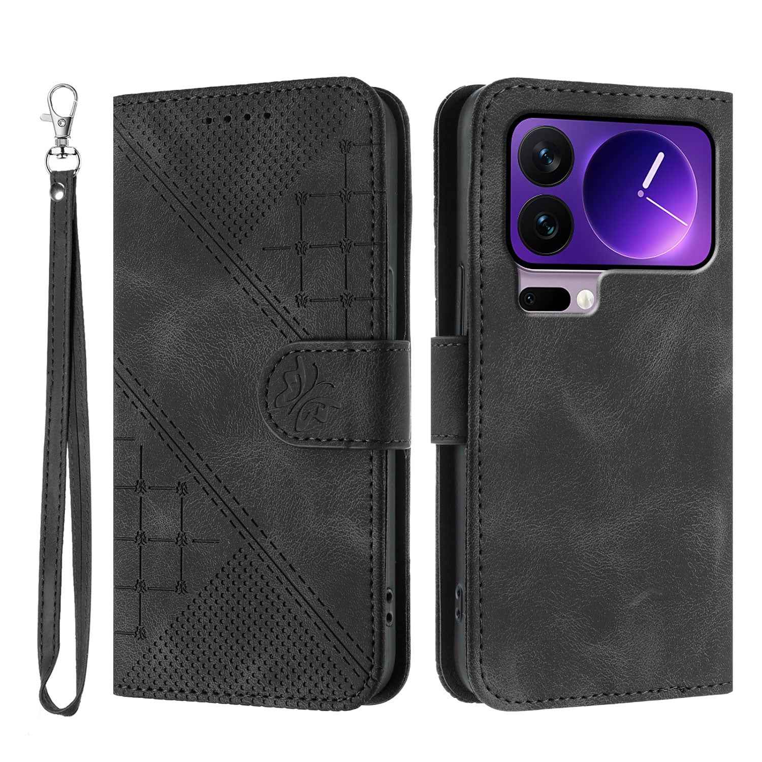 For Xiaomi 17 Pro Leather Wallet Case Butterfly Flower Imprinted Phone Cover with Strap - Black