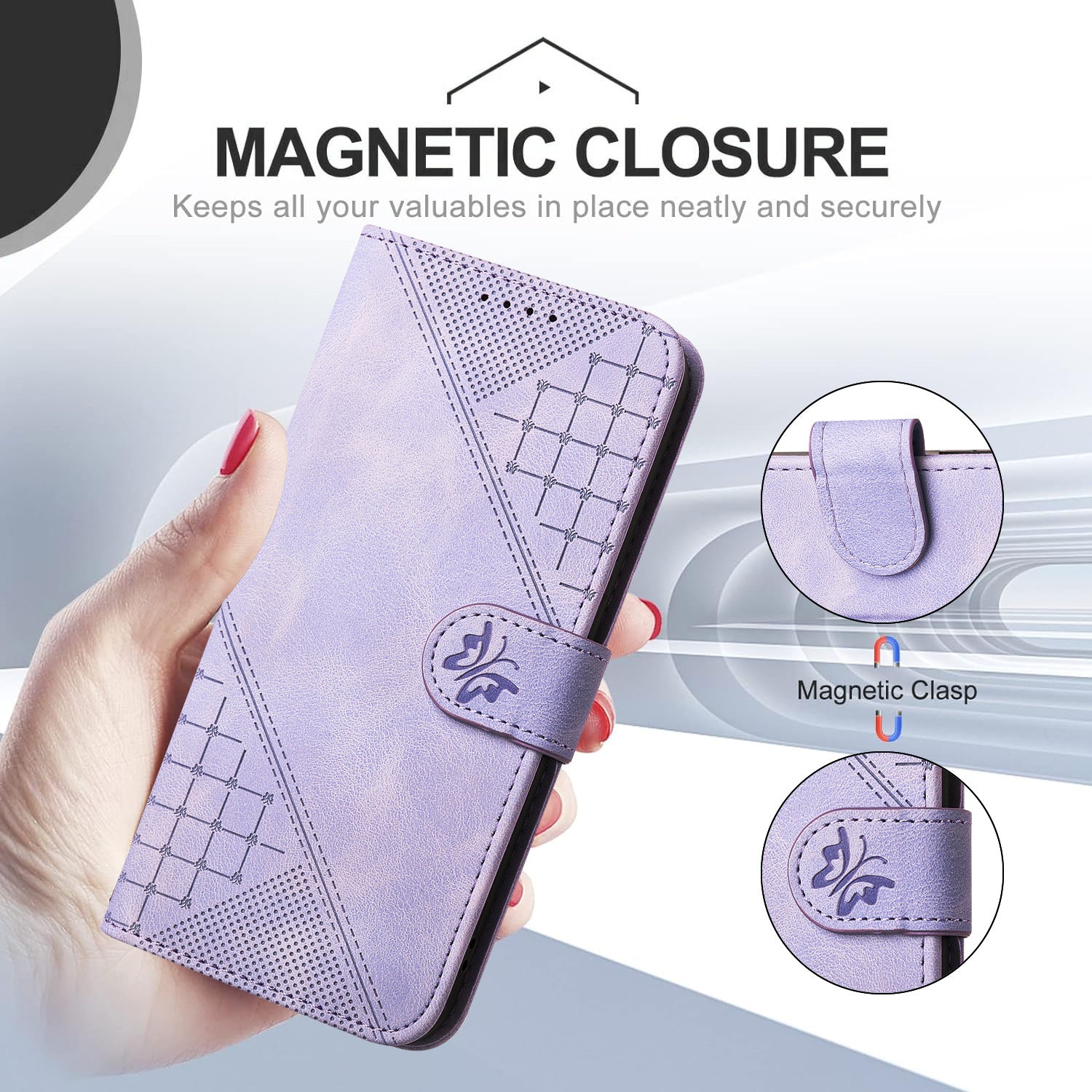For Xiaomi 17 Pro Max Leather Wallet Case Butterfly Flower Imprinted Phone Cover with Strap - Purple