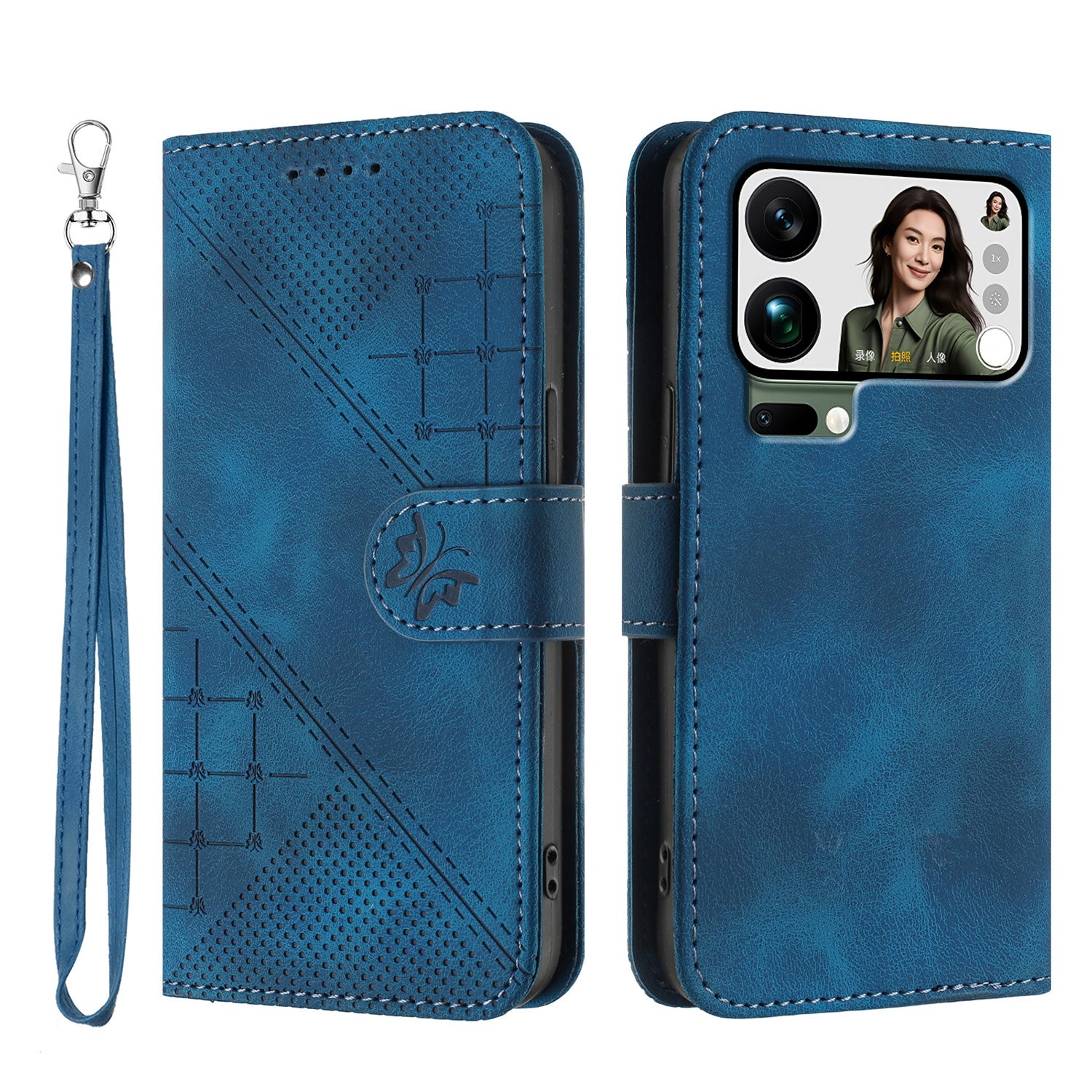 For Xiaomi 17 Pro Max Leather Wallet Case Butterfly Flower Imprinted Phone Cover with Strap - Royal Blue